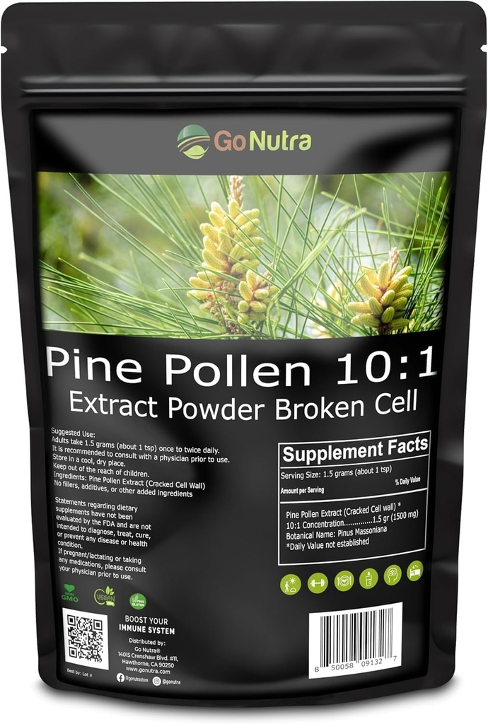Go Nutra Pine Pollen Powder | Wild Harvested & Broken Cell Wall | Pure 10:1 Pine Pollen Extract, Antioxidant-Rich & Androgenic | Supports Health, Energy | Vegan, Non-GMO, Gluten Free | 6 Ounce