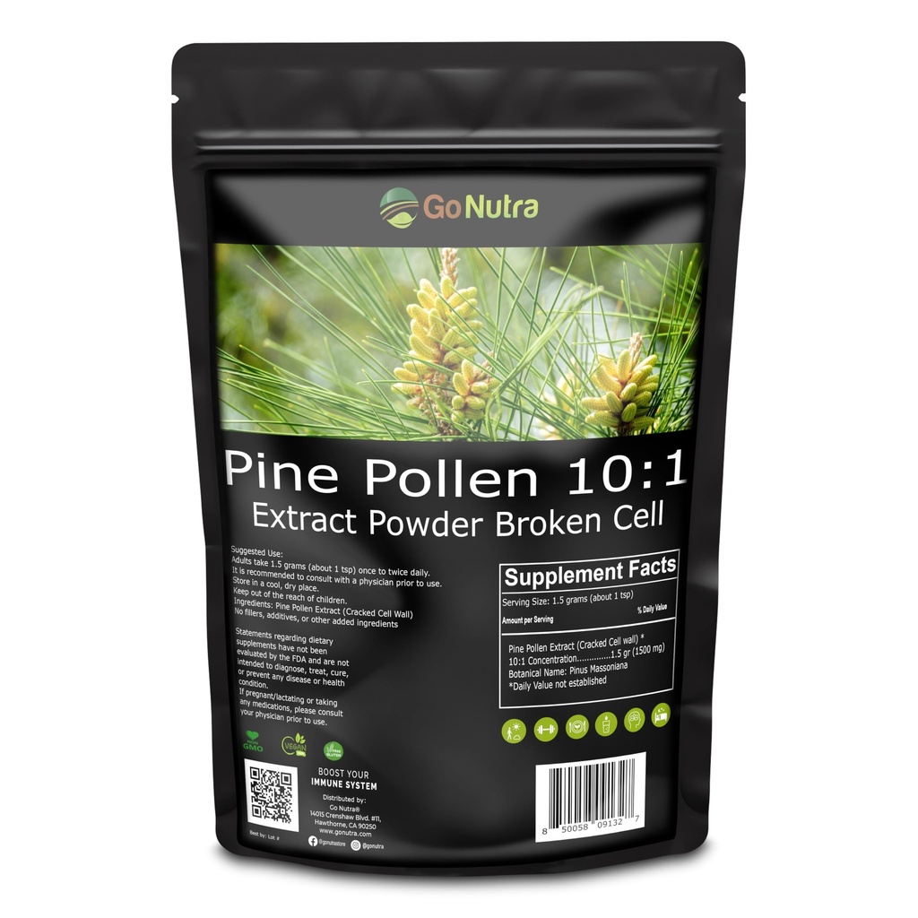 Go Nutra Pine Pollen Powder ← Wild Harvested & Broken Cell Wall ← Puro 10:1 Pine Pollen Extract, Antioxidant-Rich &amp; Androgenic ← Apoya la salud, la energía ANTE Vegan, No GMO, Gluten Free TEN 6 Ounce