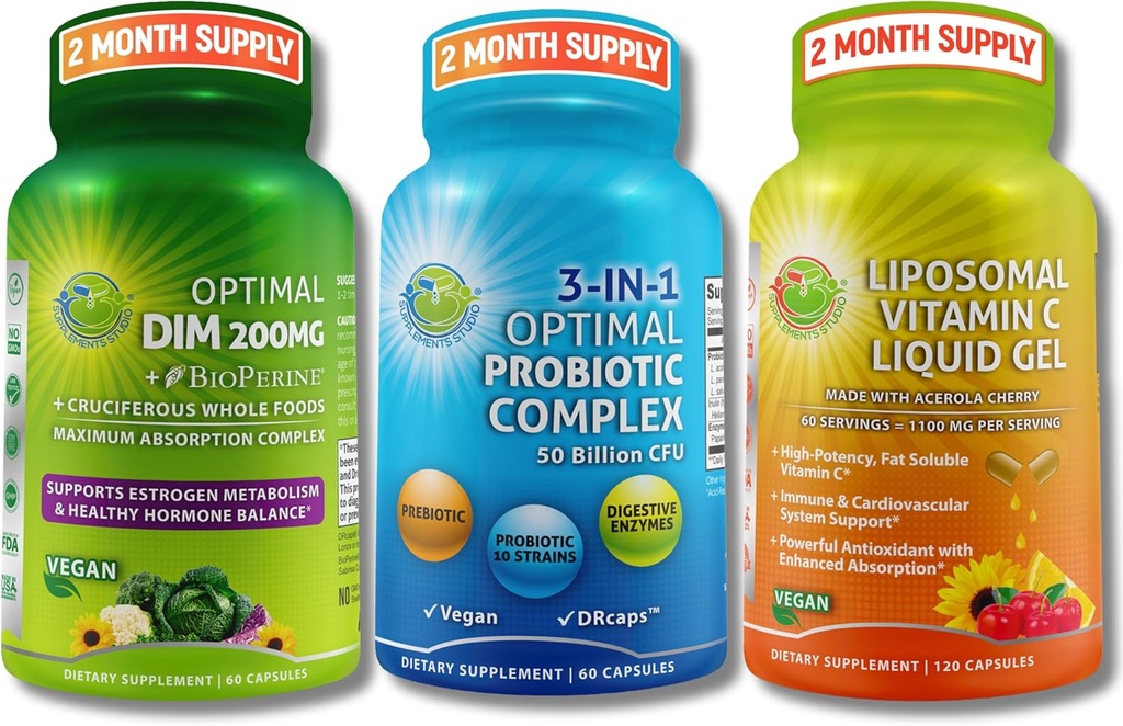 Hormonal, Digestive &amp; Immune Support Bundle - DIM 200mg con BioPerine® & cruciferous Whole Foods + Vegan 3-in-1 Probiotic 50 Billion CFU + Liposomal Vitamina C 1100mg con cereza de Acerola - No Fillers