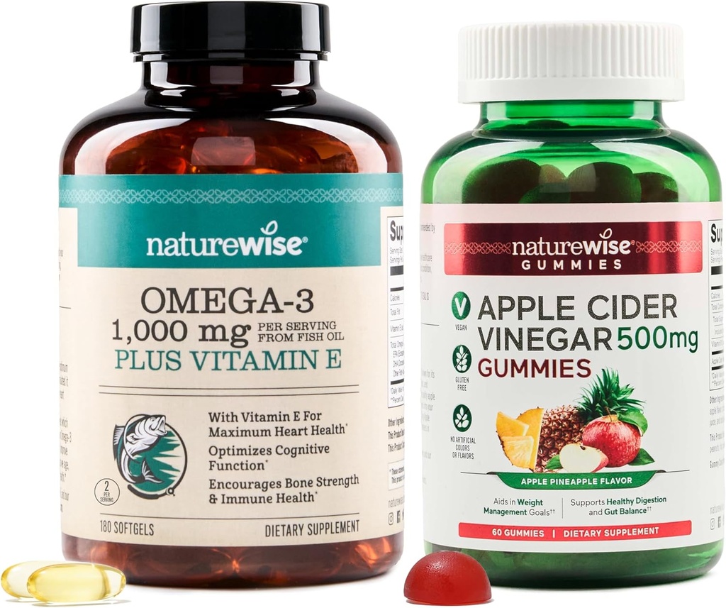NatureWise Omega-3 Fish Oil 1000mg con E 180-Count+ Apple Cider Vinegar Gummies 500mg con B12, 60-Count (Vegan Gummy) - Bundle for Heart, Eye, Digestive Health - Gluten Free, Soy-Free, Non-GMO