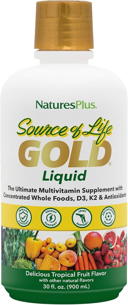 NaturesPlus Fuente de Vida Gold Multivitamin Liquid - 30 oz - con Vitaminas D3, B12 & K2 - Sangre, Hueso &amp; Apoyo Inmunitario - Vegetariano &amp; Gluten Gratis - 30 Servings