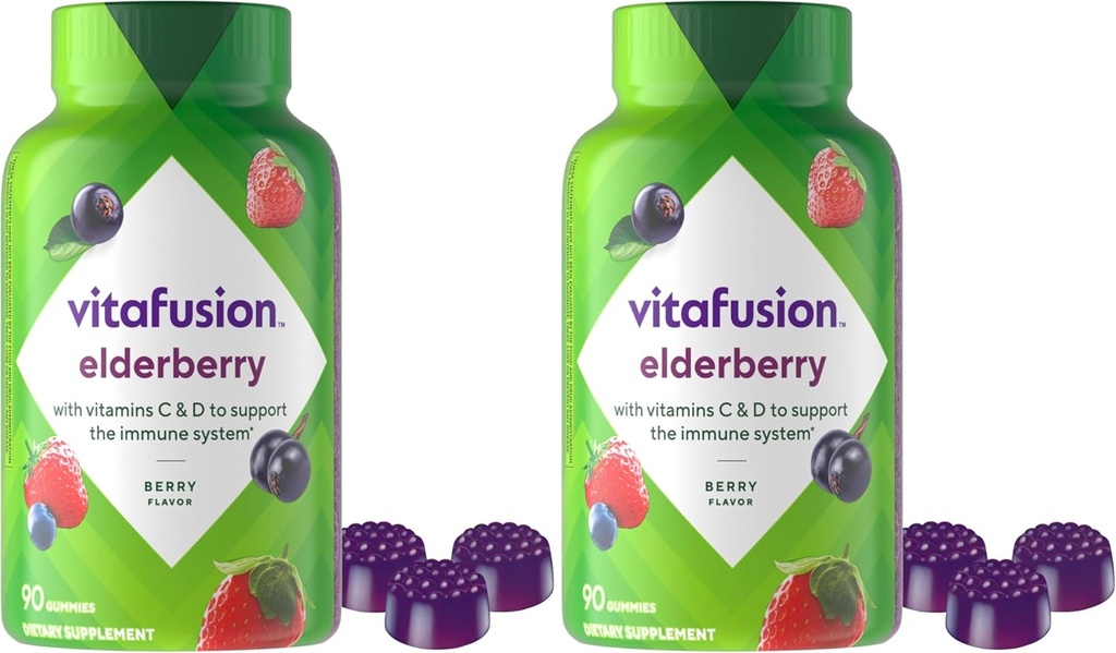 Vitafusion Elderberry Gummy Vitaminas, 90ct Elderberry Gummy Vitaminas, Chewables, 90 Cuenta (Pack of 2)