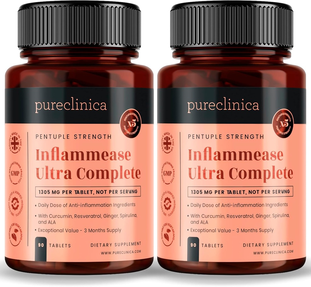 pureclinica Inflammease Ultra Complete (Resveratrol, Ginger, ALA, Spirulina, Curcumin- 5 Suplementos en uno) 1305mg x 180 Tablets - 2 Botellas de 90 Tabletas - 6 Meses ¡Aprovisionamiento!