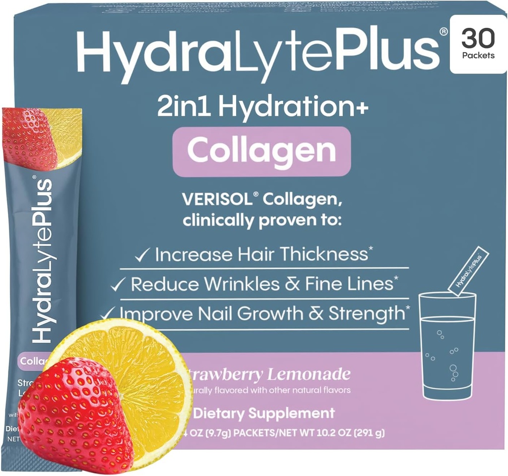 Hydralyte Verisol Collagen Packets with Electrolytes, Hydration Packets with Collagen for Women and Men, Electrolytes Powder with Collagen for Travel and Daily Hydration with Vitamin C (30 Count)
