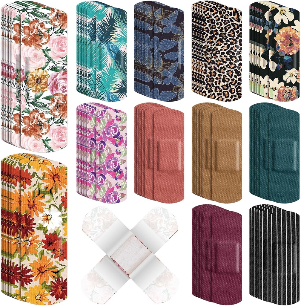 180 Pcs Bandas adhesivas de tejido flexible Bandas surtidas Bandages Floral Breathable Fabric Strip with Non Stick Pad, Flexible Protection Wound Care for Women Cuts Scrapes First Aid, 12 Estilos