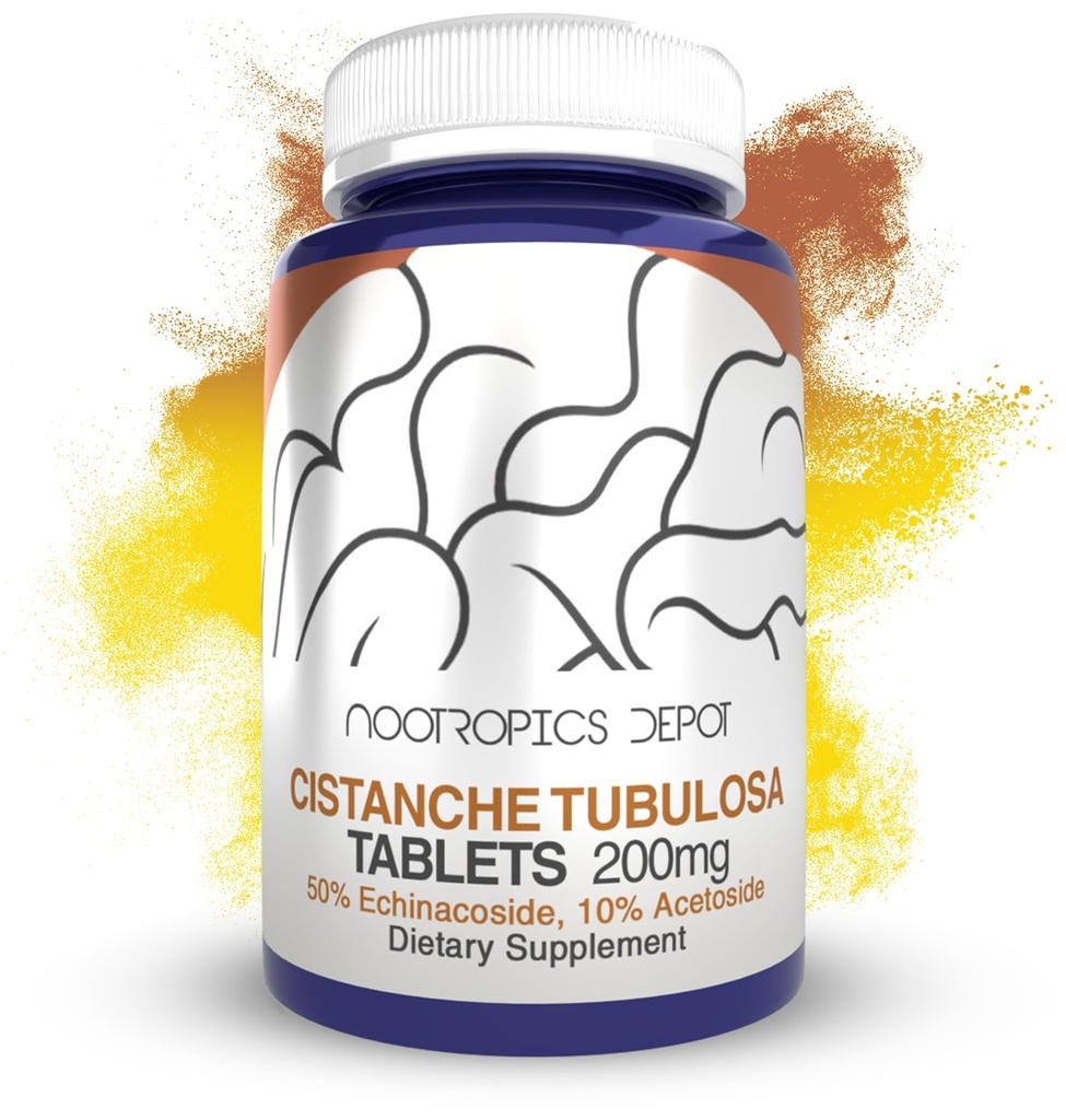 Nootropics Depot Cistanche tubulosa Tablets ← 200mg tención 180 Conteo Silencio Mínimo 50% Echinacoside + 10% Acetoside (Verbascoside) ← Promueve la Fuerza Física y la Energía Silenciosa Promueve la Vitalidad