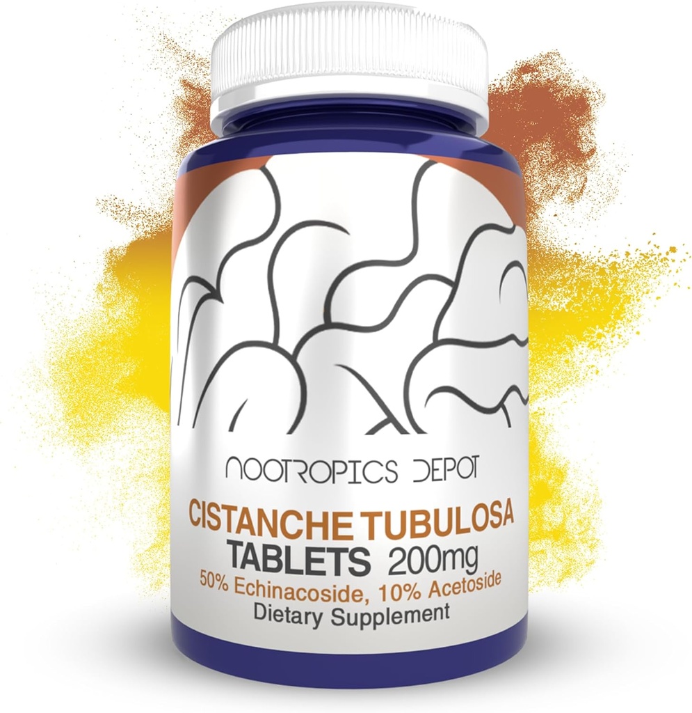 Nootropics Depot Cistanche tubulosa Tablets ← 200mg tención 180 Conteo Silencio Mínimo 50% Echinacoside + 10% Acetoside (Verbascoside) ← Promueve la Fuerza Física y la Energía Silenciosa Promueve la Vitalidad