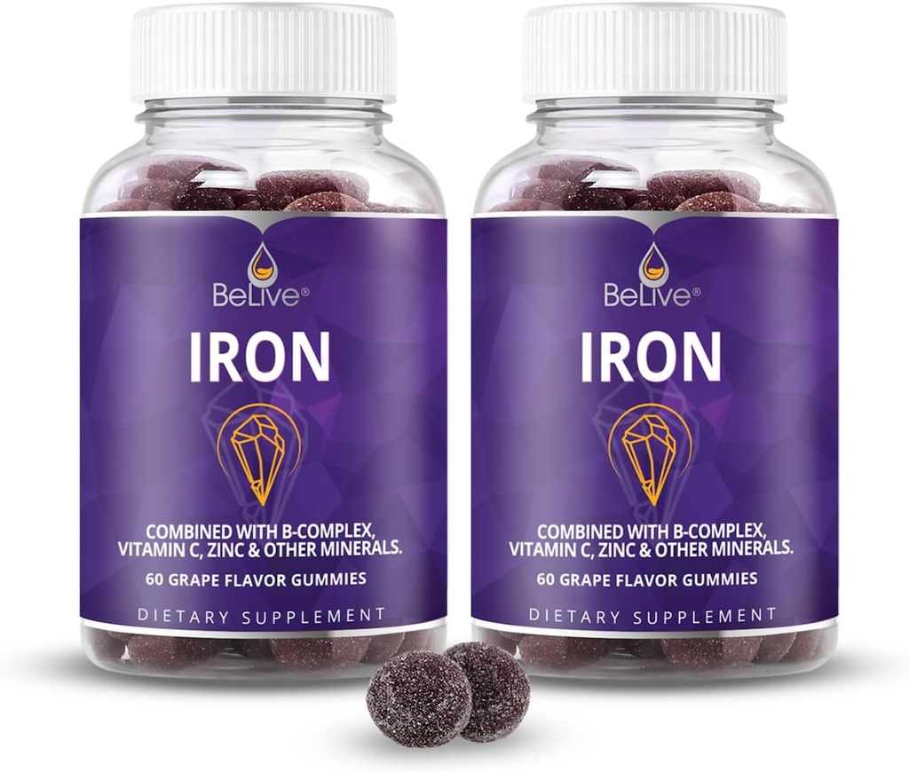 BeLive Iron Gummies - Suplemento multivitamínico con vitamina C, A, B & Zinc, apoya el oxígeno de la sangre, suplementos veganos para mujeres, hombres y niños para el crecimiento y el desarrollo - Grape Flavor Ø 2-Pack