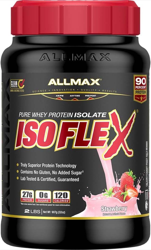 ALLMAX Nutrition ISOFLEX Whey Protein Isolate, Strawberry - 2 lb - 27 Gramos de Protein Por Scoop - Zero Fat & Sugar - 99% Lactose Gratis - Gluten Free &amp; Soy Gratis - Aproximadamente 30 Servimientos