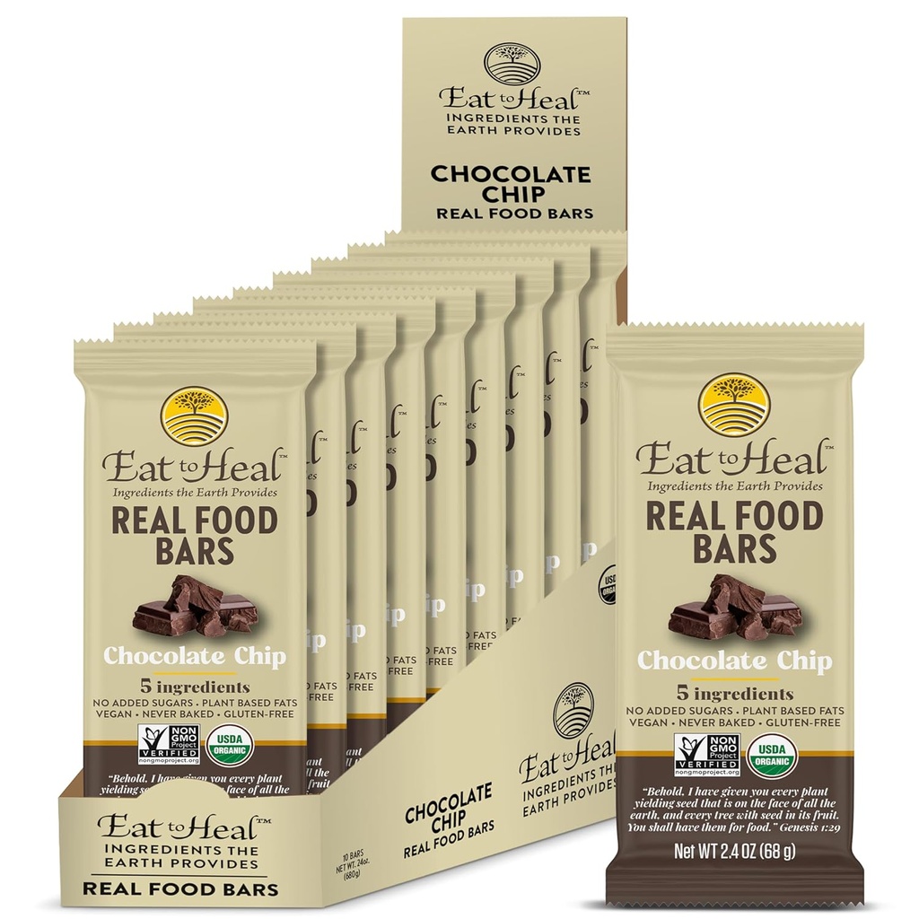 EatToHeal Chocolate Chip Real Food Bar - Organic Vegan Healthy Gluten Free Protein Bares - Low Sugar Meal Replacement Bar, Non GMO, Never Baked, Plant Based - Crafted to Enjoy, Not Sit on Shelves