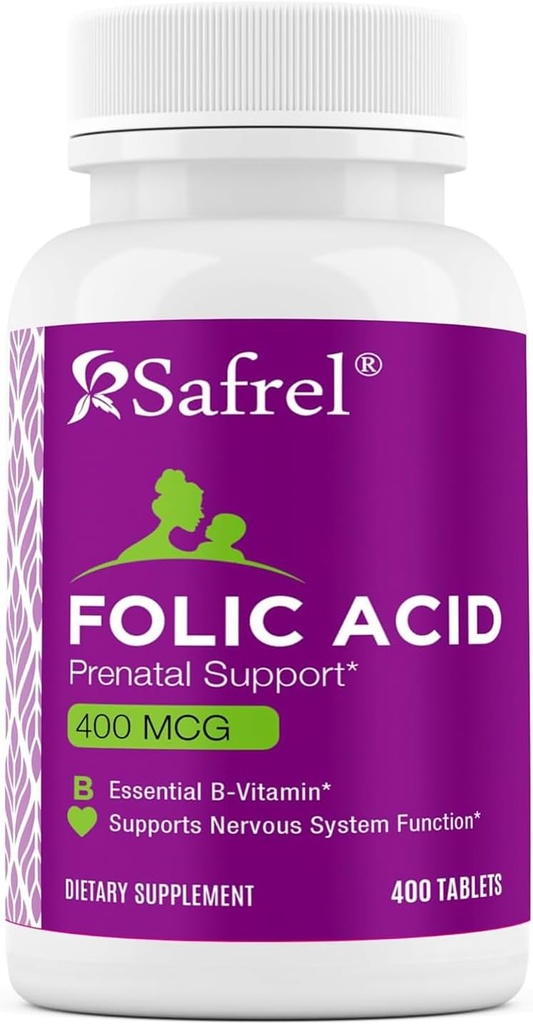 Safrel Folic Acid 400 mcg - Vitamina B9-400 Tablets, Vitamina Prenatal y Postnatal Esencial para el Desarrollo Fetal, Producción de Células Rojas, Desarrollo Celular y Neural