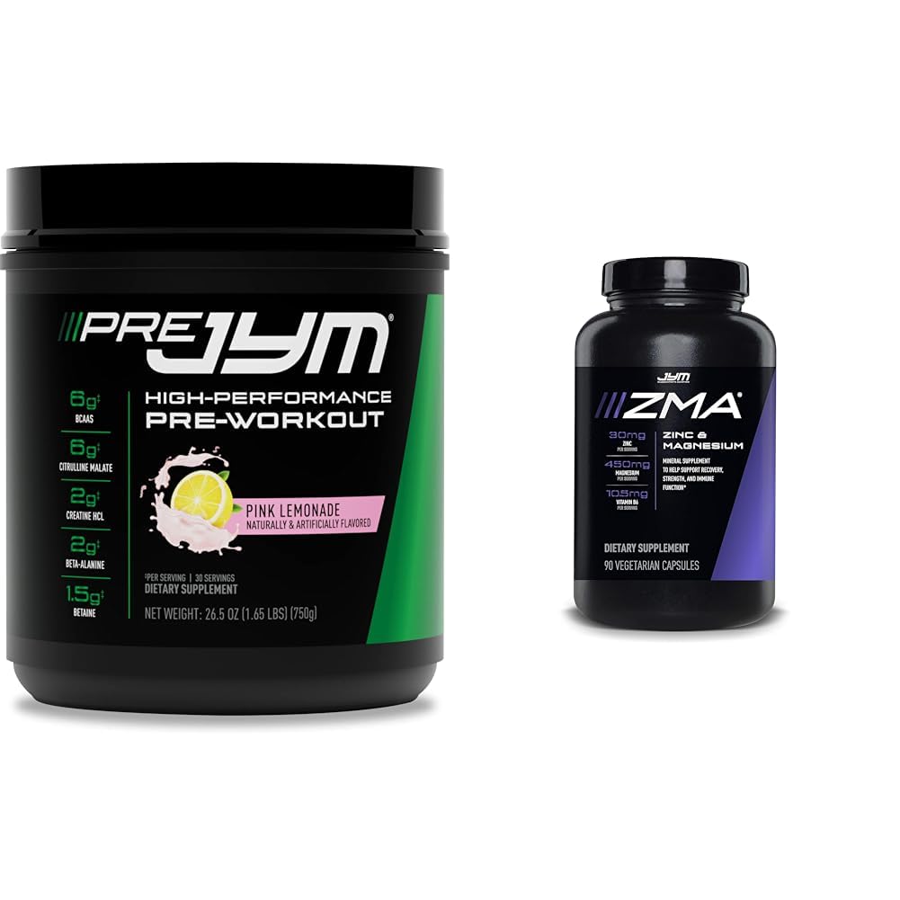 PRE JYM 30 Sirve Limonada Rosa &amp; JYM ZMA Zinc/Magnesium Capsules Suplemento 90 cápsulas vegetarianas