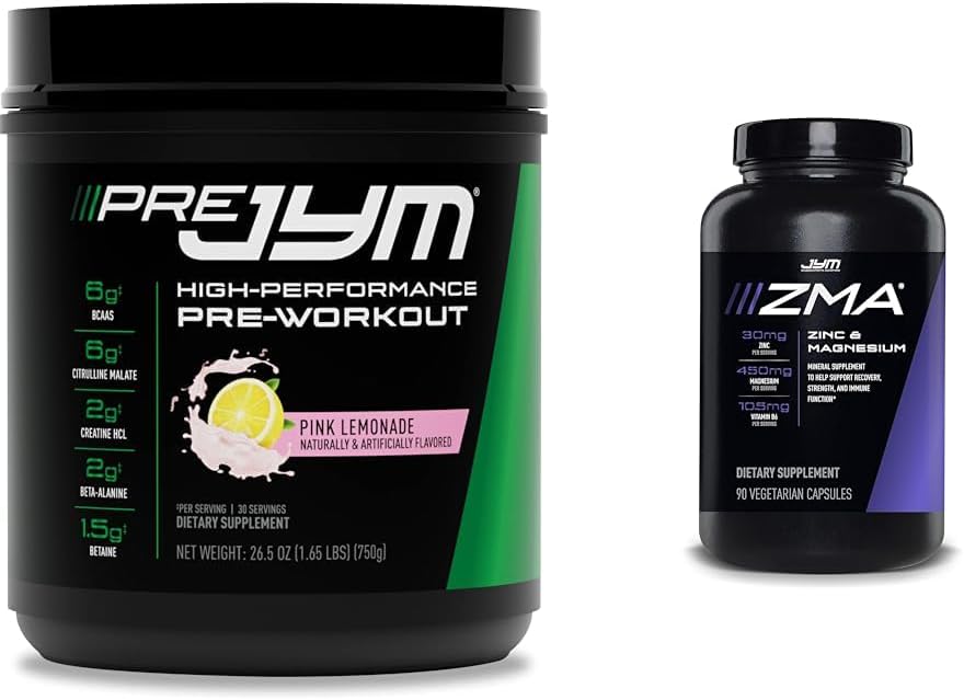 PRE JYM 30 Sirve Limonada Rosa &amp; JYM ZMA Zinc/Magnesium Capsules Suplemento 90 cápsulas vegetarianas