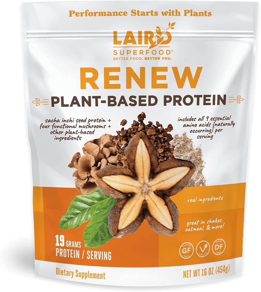 Laird Superfood Renew Plant-Based Protein Powder, 19 Grams Protein, Vegan with Sasha Inchi Seed Protein, Four Functional Mushrooms, Preservative Free, Gluten-Free, Dairy-Free, 16 oz. Bolsa
