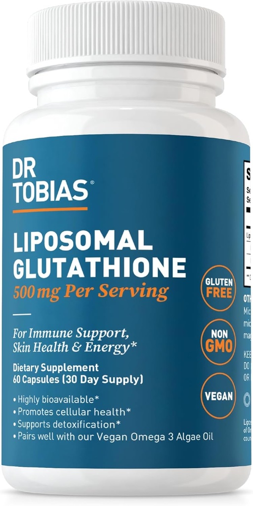 Dr. Tobias Liposomal Glutathione, 500mg Por Serving - Suplemento Glutathione altamente biodisponible, apoya la energía, la piel &amp; la salud inmune - Vegan, libre de gluten, no transgénico, 60 cápsulas, 30 servicios