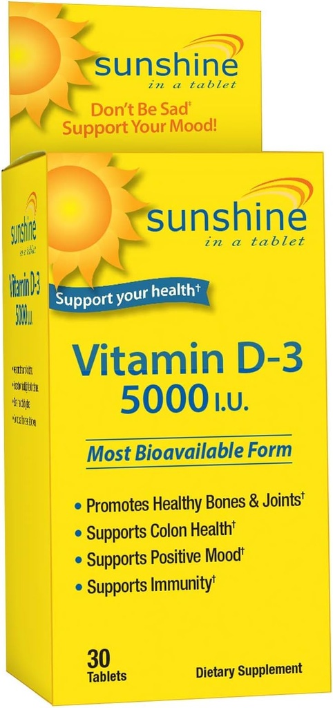Sunshine Vitamina D-3 5.000 UI, Huesos saludables y fuertes, 30 porciones