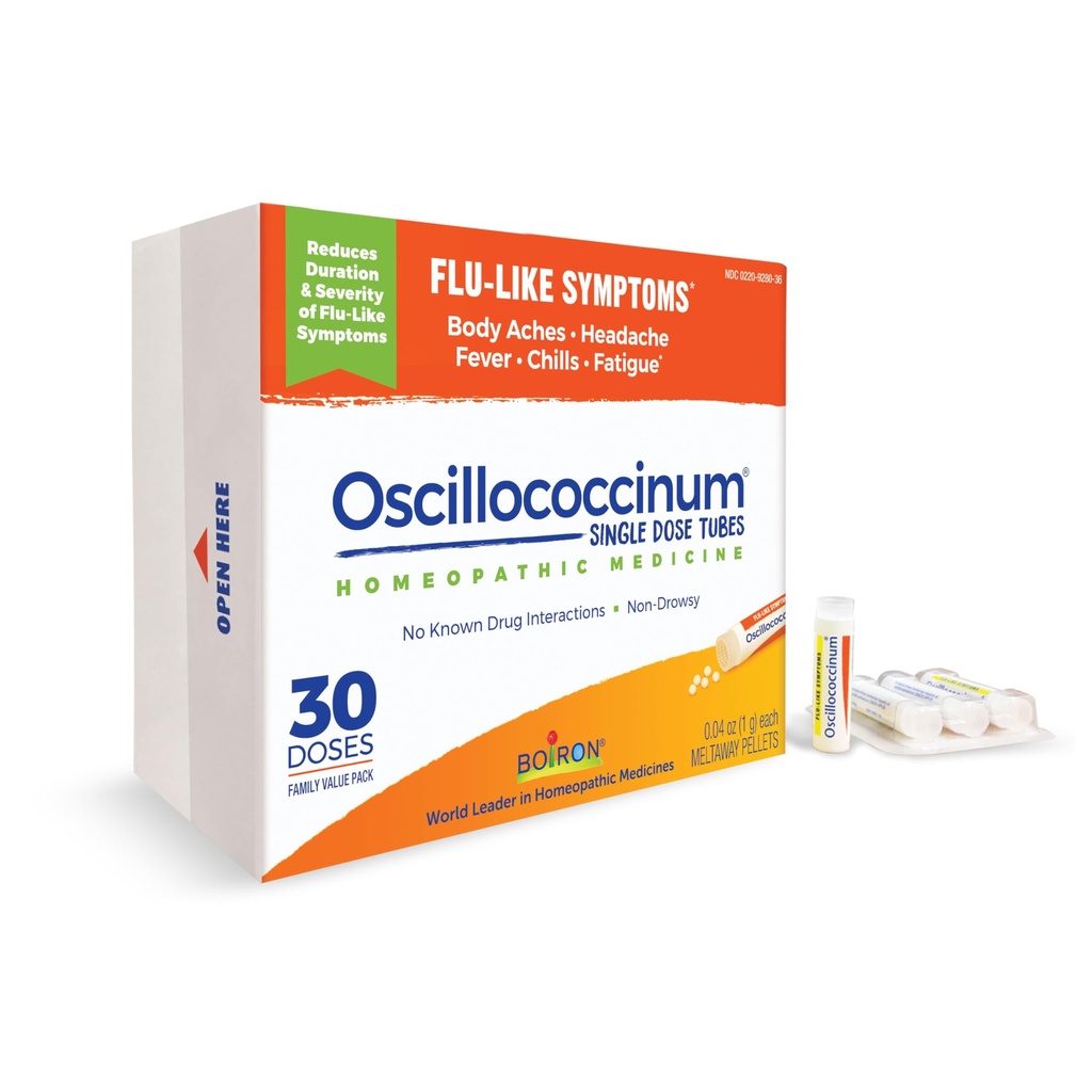 Boiron Oscillococcinum para el alivio de los síntomas de la gripe como los dolores corporales, dolor de cabeza, fiebre, píldoras y fatiga - 30 dosis