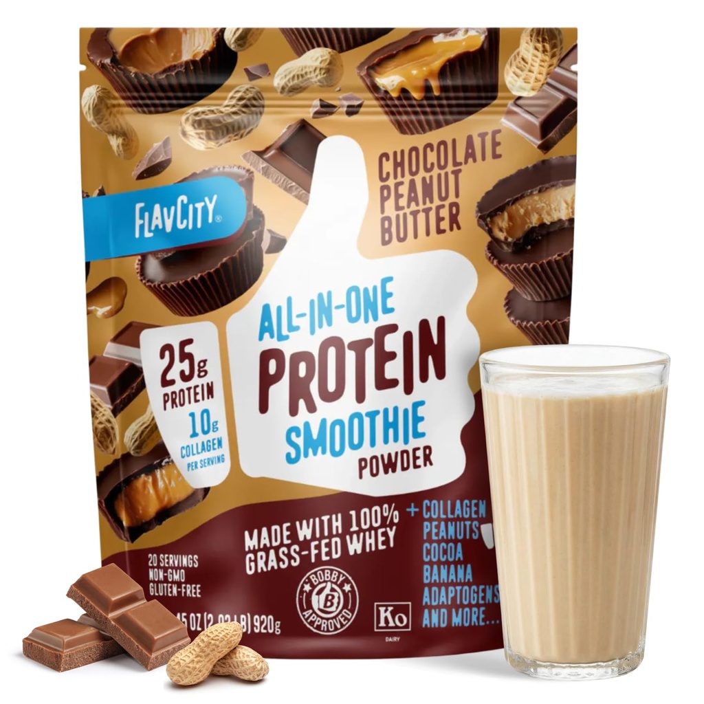 FlavCity Grass Fed Whey Chocolate Protein Powder - Chocolate Peanut Butter - 25g Protein & 10g Collagen - Made with Organic Cocoa & Coconut Milk - Gluten Free & No Added Sugars (20 Servings)