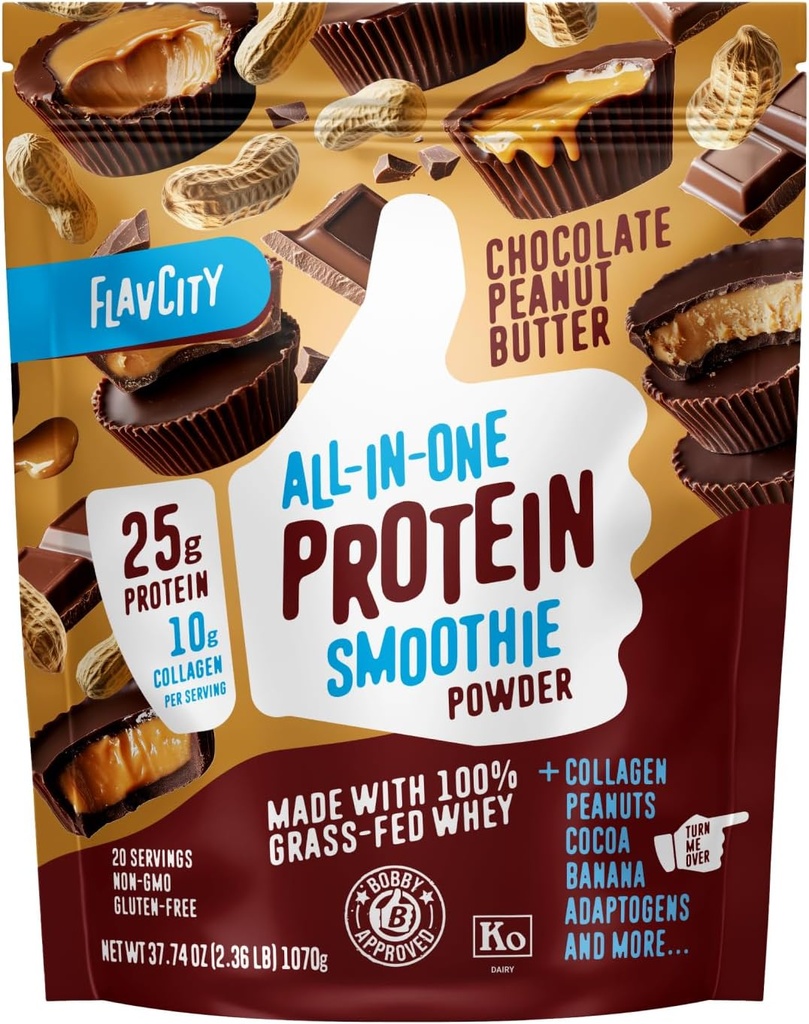FlavCity Grass Fed Whey Chocolate Protein Powder - Chocolate Peanut Butter - 25g Protein & 10g Collagen - Made with Organic Cocoa &amp; Coconut Milk - Gluten Gratis &amp; No Añadido Sugares (20 Servings)