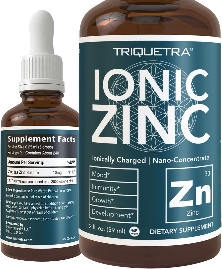 Zinc líquido iónico – 8 meses de suministro, dosificación ajustable para adultos – alta absorción, vegano, botella de vidrio – apoya el sistema inmunológico, cerebro y salud tiroidea – suplemento mineral esencial (2 oz)
