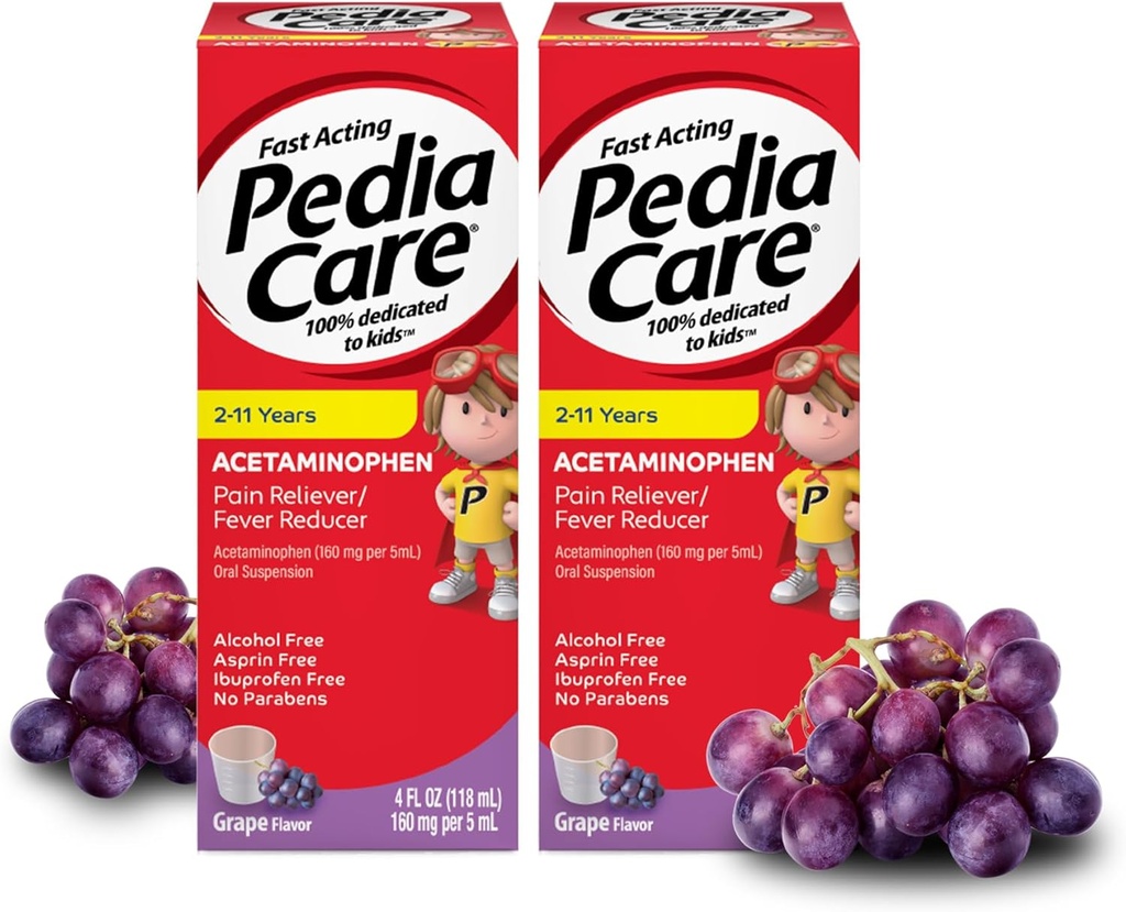 Alimentador de Dolor Infantil/Reductor de Fiebre con Suspensión Oral de Acetaminofeno, Edades 2-11, Alcohol Cero o Aspirina o Ibuprofeno, Sabor de uva, 4 fl oz (2 Pack)