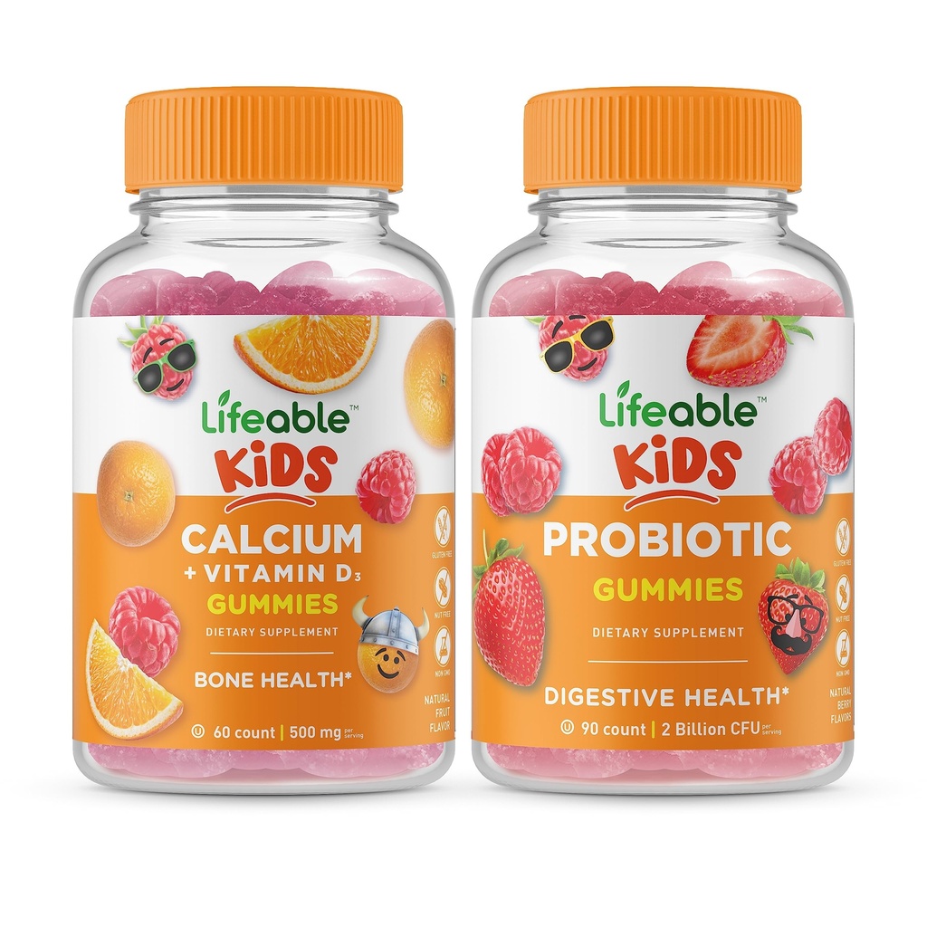 Calcio Lifeable con niños de vitamina D + Probiótico 2 billón de niños CFU, Gummies Bundle - Gran Tasting, Suplemento de vitamina, Gluten Gratis, GMO Gratis, Chewable Gummy