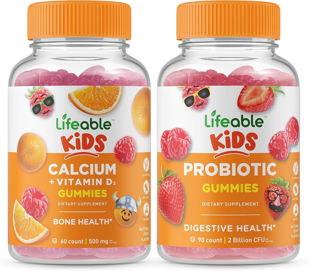 Calcio Lifeable con niños de vitamina D + Probiótico 2 billón de niños CFU, Gummies Bundle - Gran Tasting, Suplemento de vitamina, Gluten Gratis, GMO Gratis, Chewable Gummy