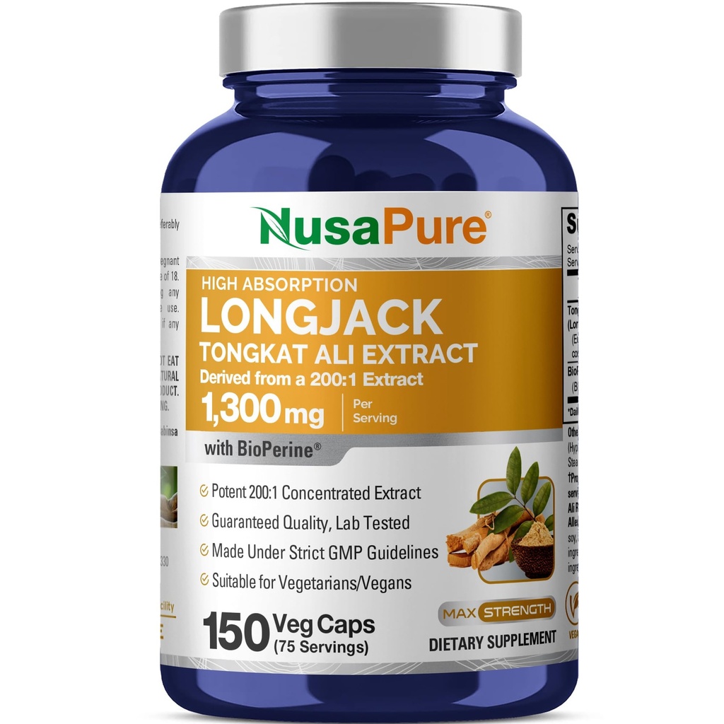 NusaPure Longjack Tongkat Ali Capsules, 1300 mg, 150 Veg Capsules (Non-GMO, Vegan)