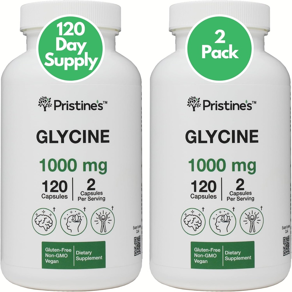 Glicina de PRISTINE (2 Pack) 1000MG Aminoácidos Apoyo al sueño Suplemento Cápsulas - 120 Day Supply - Muscle Recovery, Collagen &amp; Kidney Support Suplemento - Vegan, Non GMO, Gluten Free