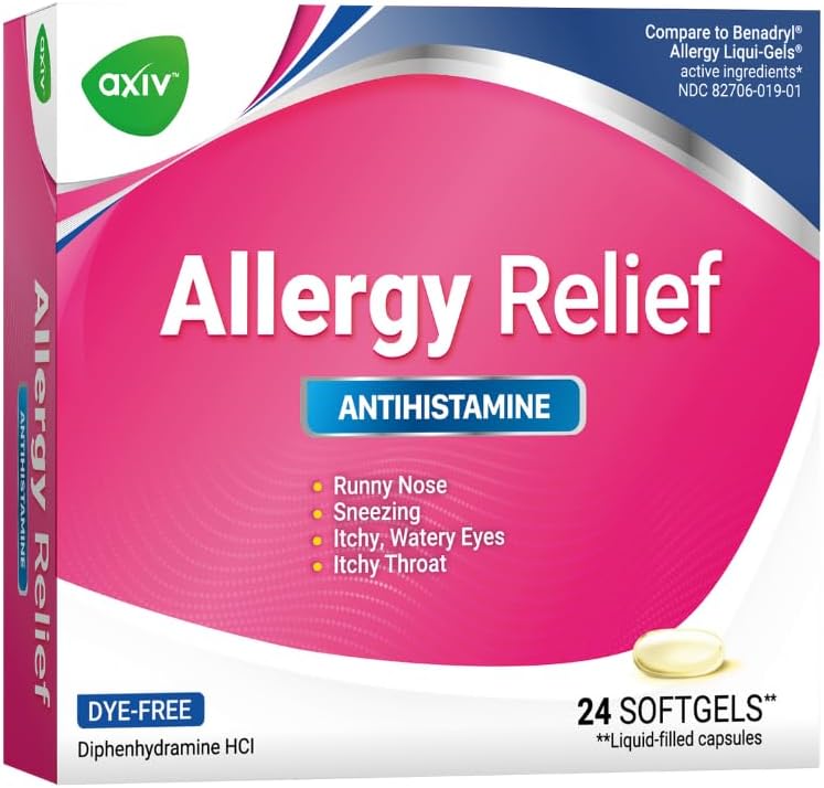 Alivio de Alergia AXIV Softgels, Medicina Antihistamínica > Alivio de síntomas fríos, Gels líquidos sin tinte, 25 mg Diphenhydramine HCl, Runny Nose, Sneezing, 24 Conde (24 Softgels)
