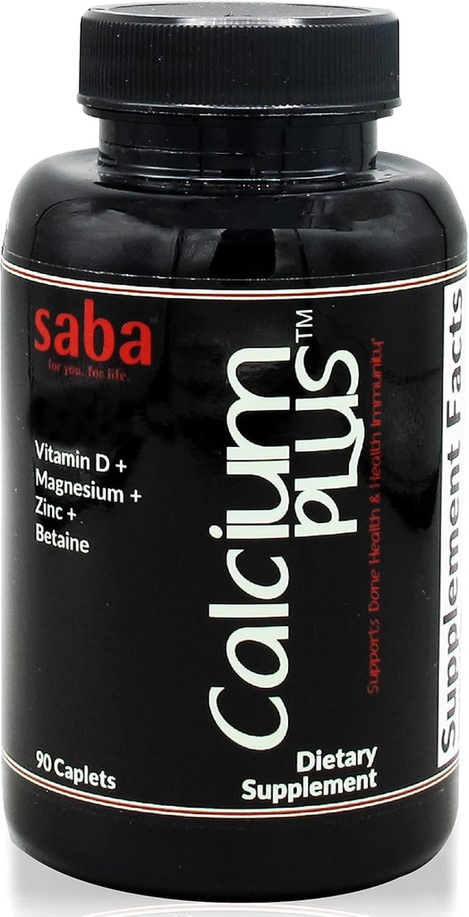 Saba Calcium Plus - Bone Strength - Calcium, Magnesium, Potassium, Vitamina D, Zinc, Betaine - GMO, Soy, Gluten Free Ingredients - Whole Food Supplement for Bone Health, Immune - 90 Caplets