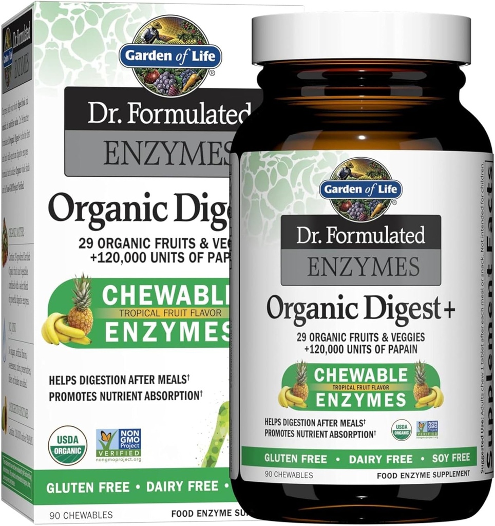 Jardín de la Vida Dr Fórmula Enzimas Digestivas con Papain, Bromelain, Lipase para la Digestión " Absorción Nutriente - Digest Orgánico+ - Vegan, Libre de gluten, No Gluten, Sabor de Frutas Tropicales, 90 Chewables