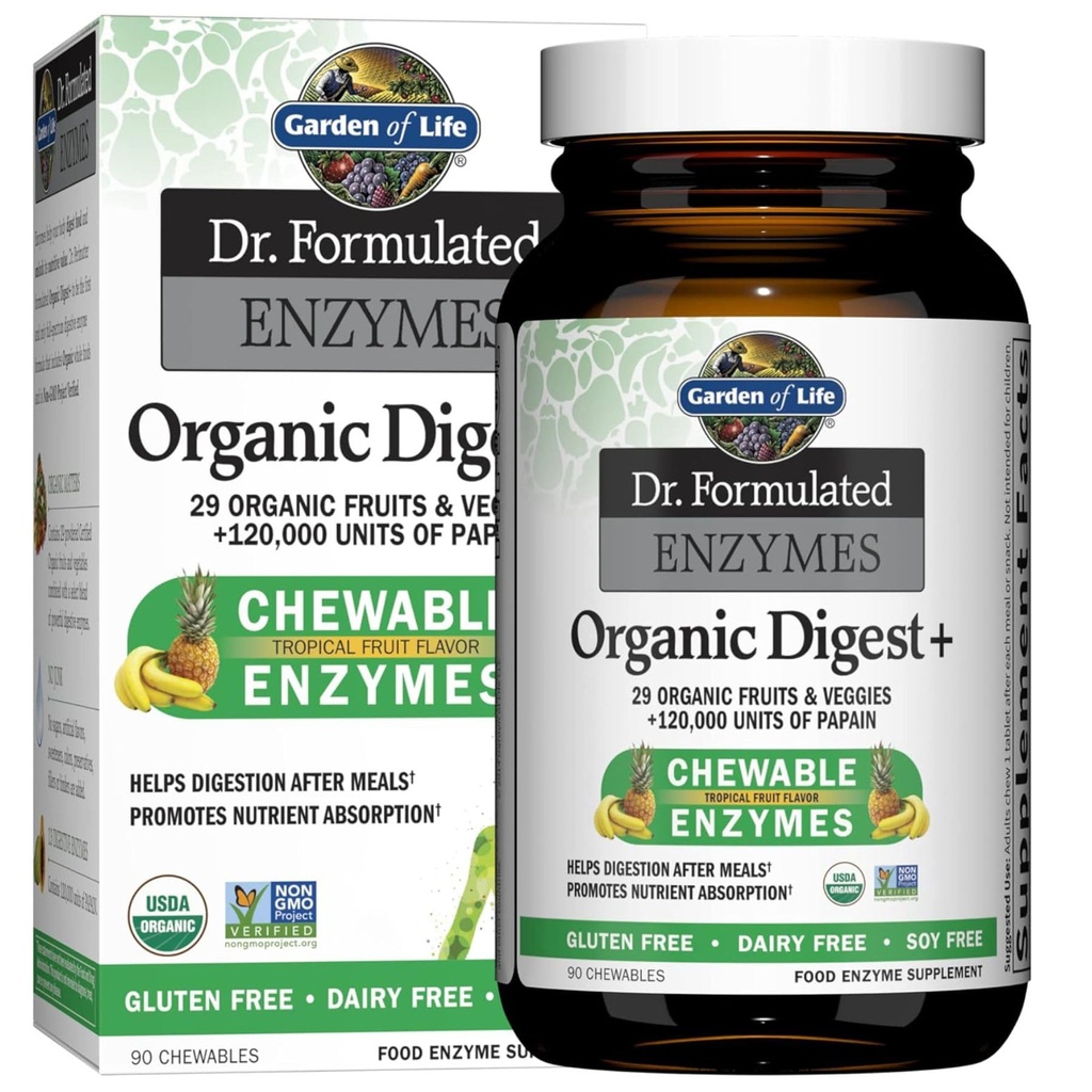 Jardín de la Vida Dr Fórmula Enzimas Digestivas con Papain, Bromelain, Lipase para la Digestión " Absorción Nutriente - Digest Orgánico+ - Vegan, Libre de gluten, No Gluten, Sabor de Frutas Tropicales, 90 Chewables