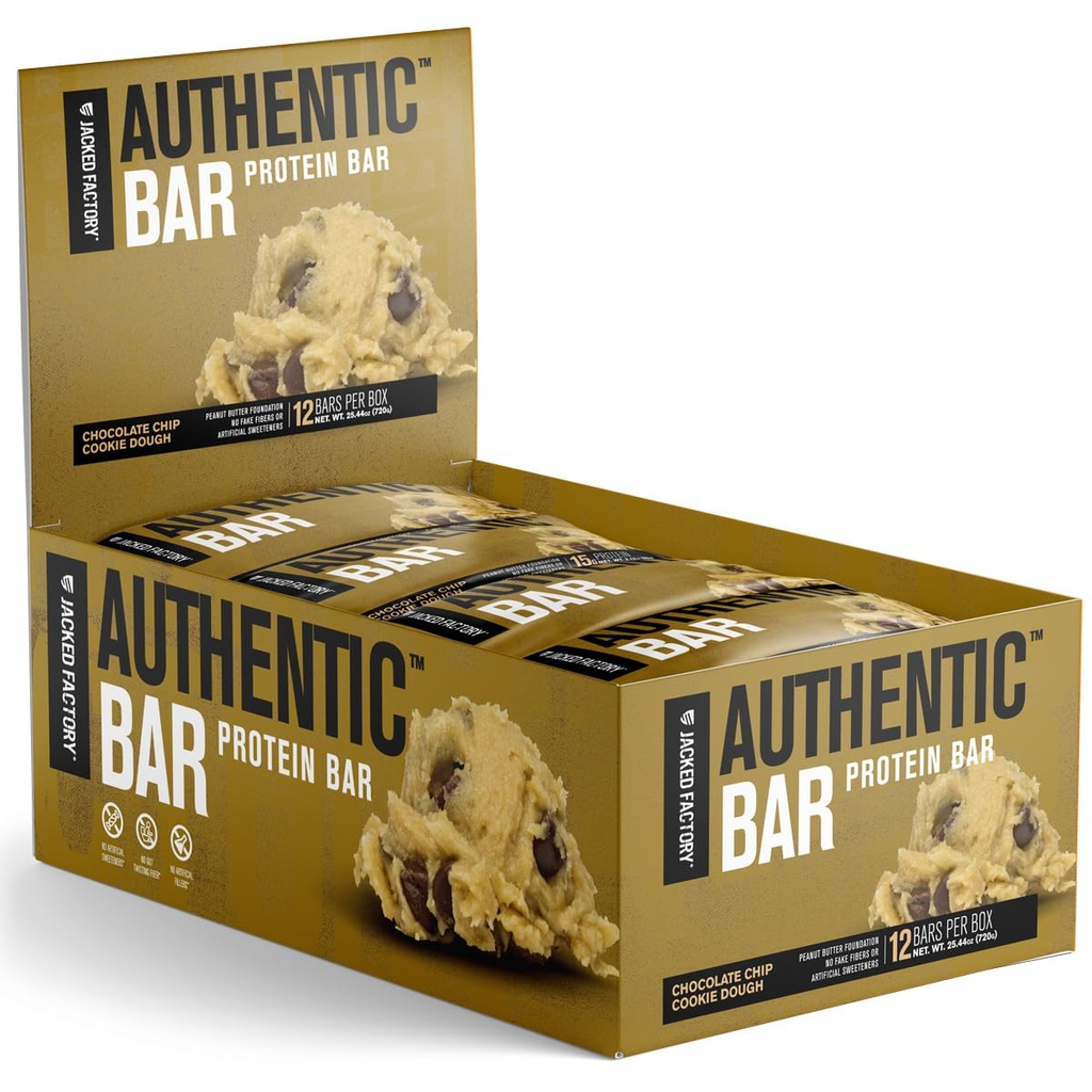 Authentic Bar Chocolate Chip Cookie Dough Protein Bares - Meal Replacement Protein Snack Bares w/ 15g Whey Protein Isolate, Peanut Butter Foundation, Healthy Fats, Naturally Sweetened - 12 Pack