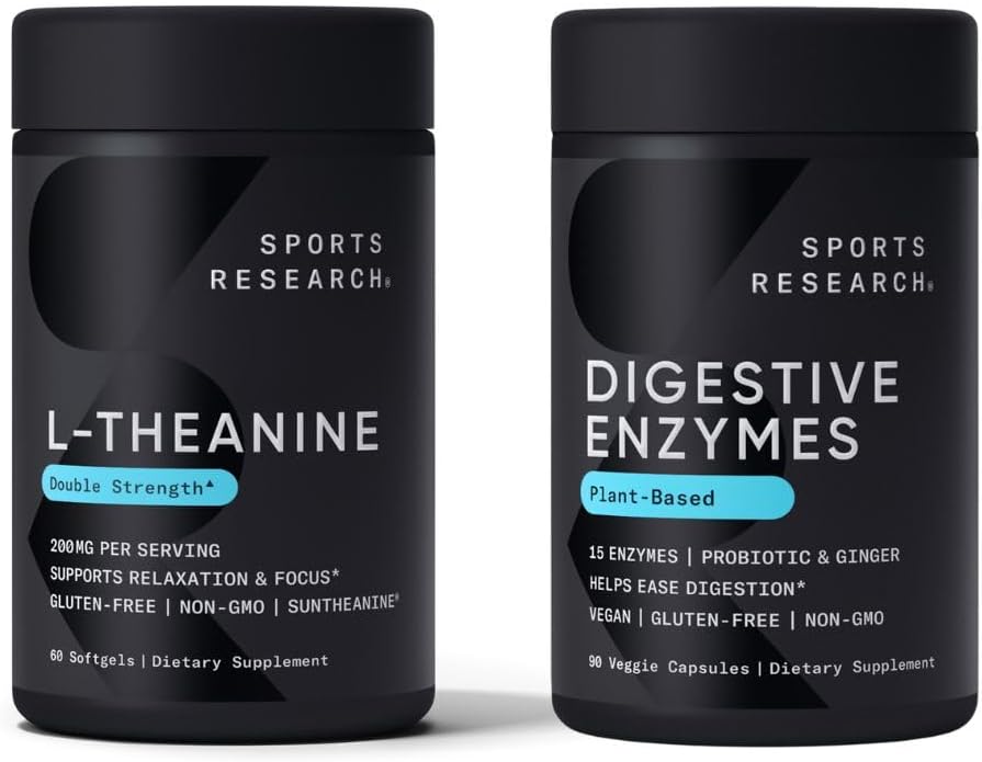 Investigación Deportiva Doble Fuerza L-Teanina Suplemento Suntheanine Softgels para Focus, Relajación y Alerta con aceite de coco 60 Conde y Enzimas Digestivos + Probióticos & Planta de jengibre 90 Conde
