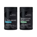 Investigación Deportiva Doble Fuerza L-Teanina Suplemento Suntheanine Softgels para Focus, Relajación y Alerta con aceite de coco 60 Conde y Enzimas Digestivos + Probióticos & Planta de jengibre 90 Conde