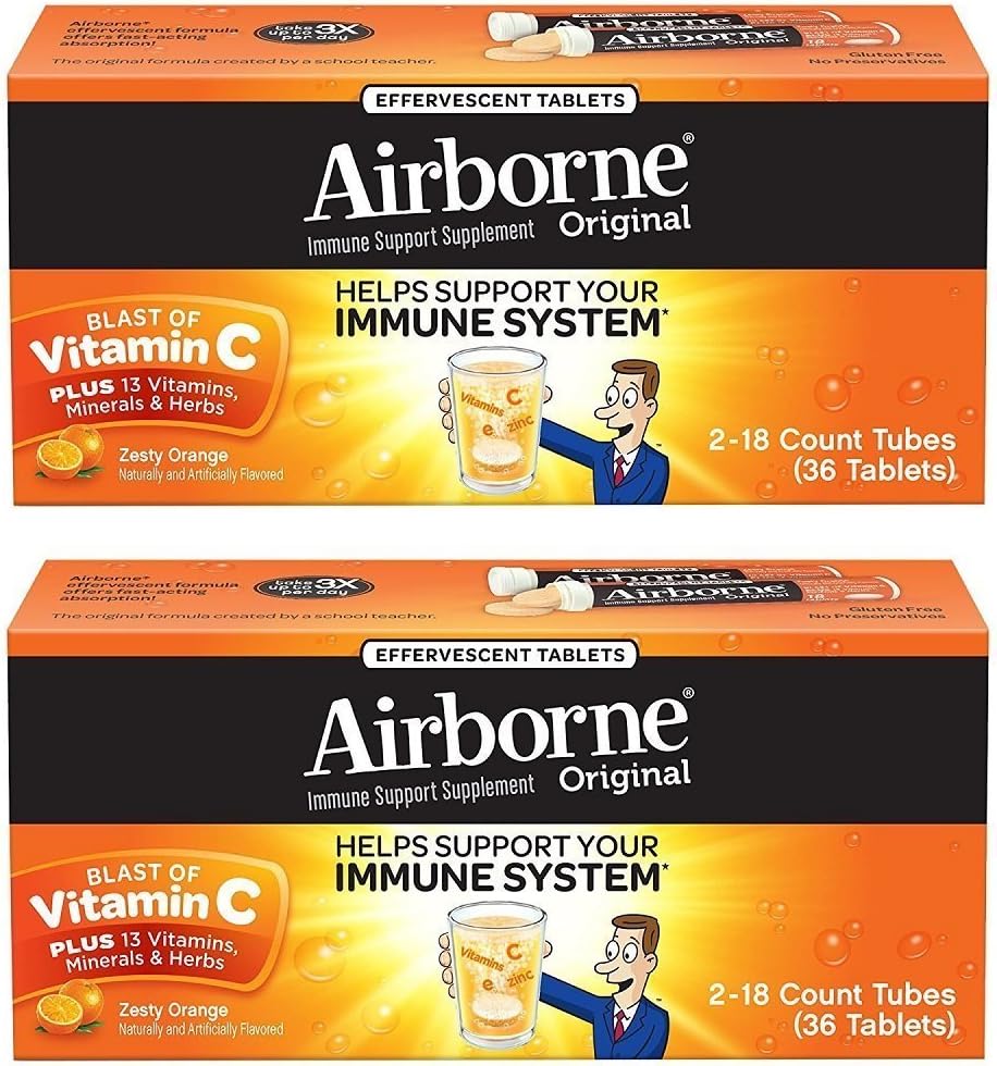 Airborne Zesty Orange Effervescent Tablets Vitamina C 1000mg x 36 Condes (2 Pack)