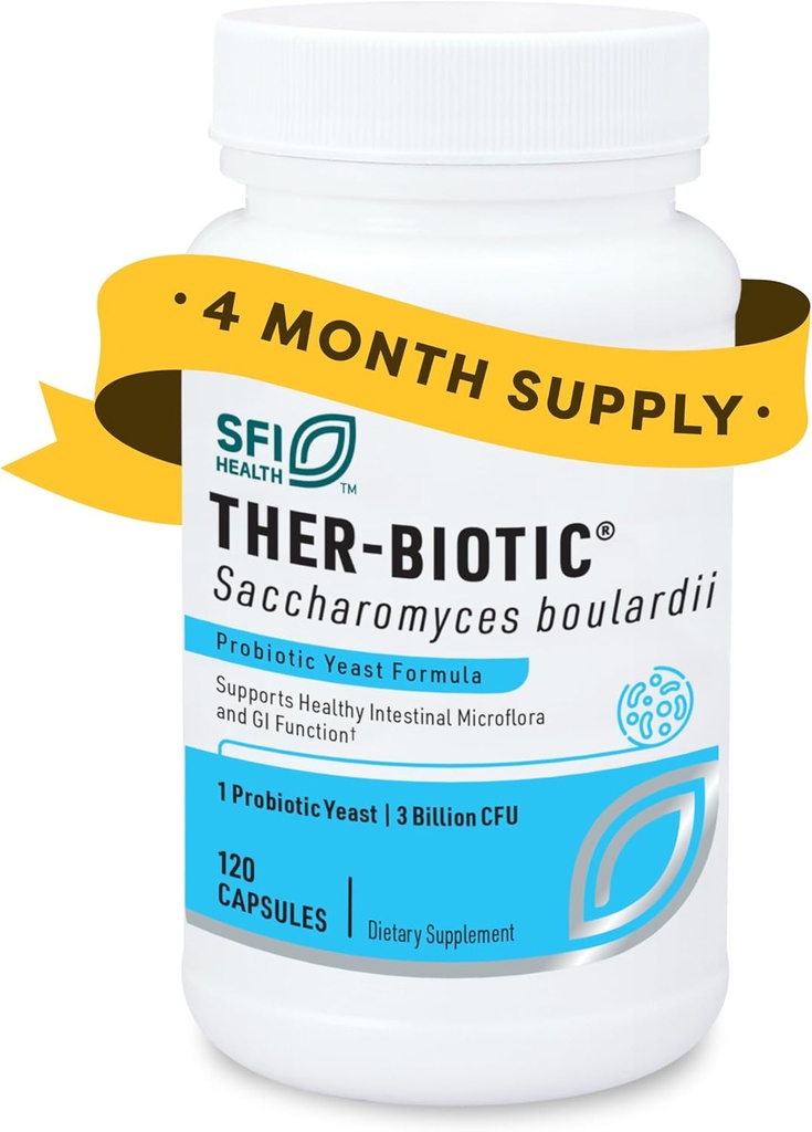 Klaire Labs SFI Health Saccharomyces Boulardii Probiotic - Acid Resistant " Shelf-Stable Supplement to Support Healthy Yeast Balance, Immune " Digestive Health - Hypoallergenic, Dairy-Free (120ct)