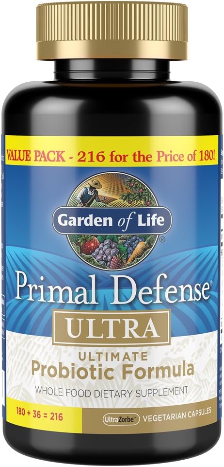 Garden of Life Probiotics for Digestive Health and Gut Health Balance, Primal Defense Ultra Ultimate Formula, 15 Billion CFU y 13 Strains Plus HSOs, Vegetarian y Gluten Free, 216 Capsules