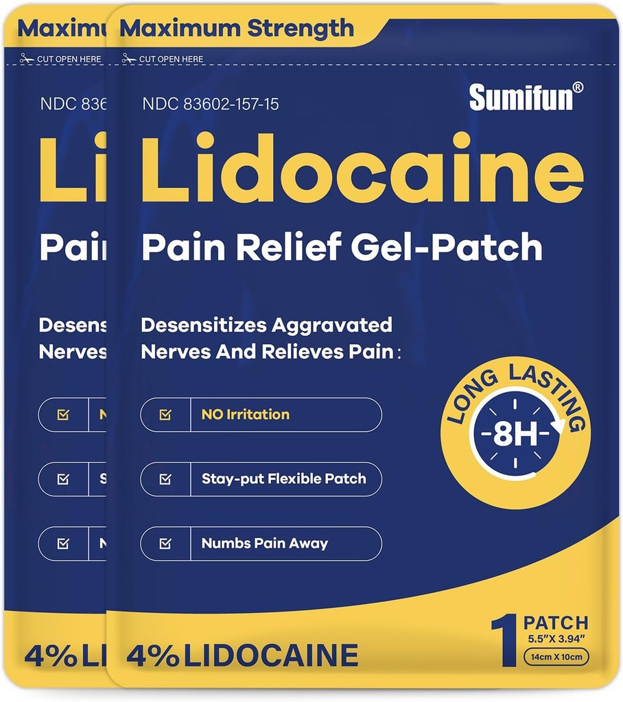 Sumifun 4% Lidocaine Patches Maximum Strength - 24 Count Pain Relieving Gel Patch for Muscle Soreness, Back Ache, Knee, Neck & Joint Pains - Topical Analgesic (NDC: 83602-157-15, 83602-157-01)