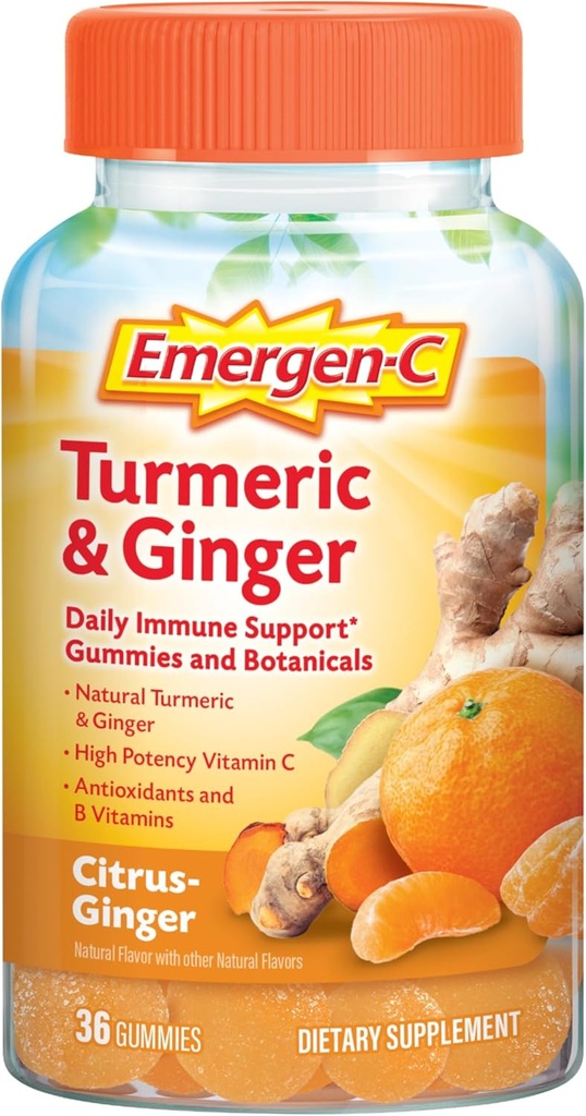 Emergen-C Citrus-Ginger Gummies, Turmeric y Ginger, Immune Support Natural Flavors With High Potency Vitamin C, Back to School Essentials - 36 Count