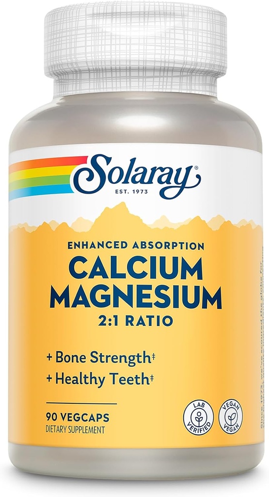 Suplemento de magnesio de calcio SOLARAY, Suplementos de magnesio y calcio para mujeres y hombres, 2:1 Relación, Bone Health &amp; Strength, Vegan, Alta Absorción, Garantía de 60 días, 22 Serviciones, 90 VegCaps