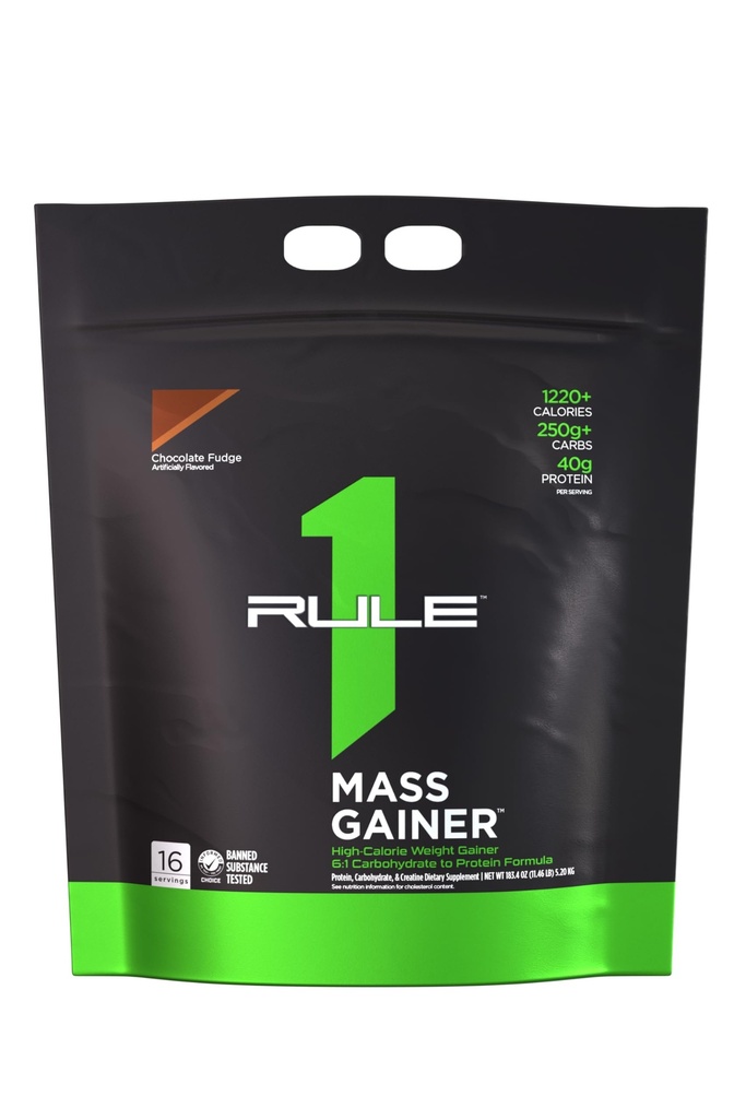 Regla 1 Gainer de Masa - Fórmula de alto nivel con 1.220+ Calories, 250g+ Complejo Carb Blend, 40g All-Whey Protein Por Servir (16 Servimientos, Chocolate Fudge)