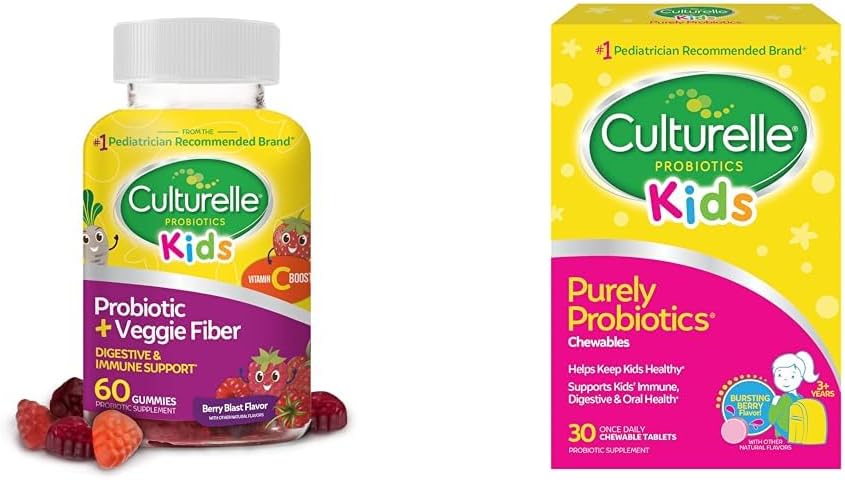 Culturelle Daily Probiotic for Kids + Veggie Fiber Gummies (Ages 3+) - 60 Cuentas " Kids Chewable Daily Probiotic for Kids, Ages 3+, 30 Cuentas