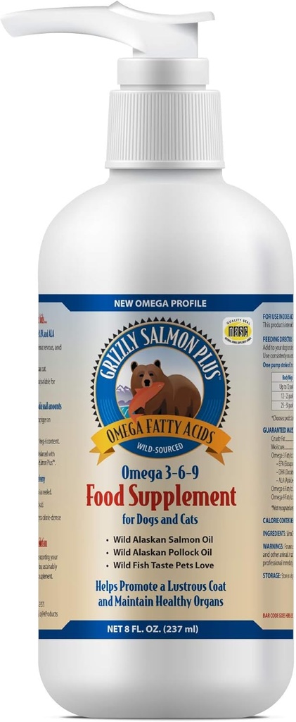 Grizzly Pet Products Salmon Plus Omega 3-6-9 Suplemento alimenticio para perros y gatos, 8 onzas