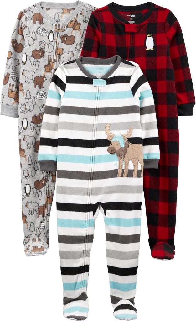 Joyas simples de los Toddlers de Carter y Baby Boys Loose-Fit Flame Resistant Fleece Footed Pajamas, Pack de 3