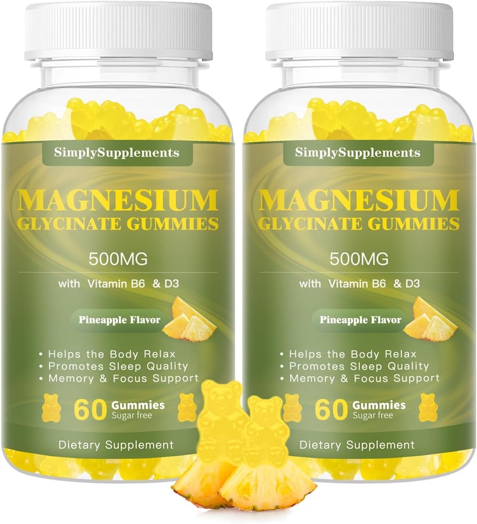 Magnesio Glycinate Gummies 500mg, Suplemento de Magnesio Chewable con vitamina D3, B6, CoQ10, para la relajación, el sueño &amp; somnolencia, calma Magnesio Gummy - 60 manías de piña (2 Pack)