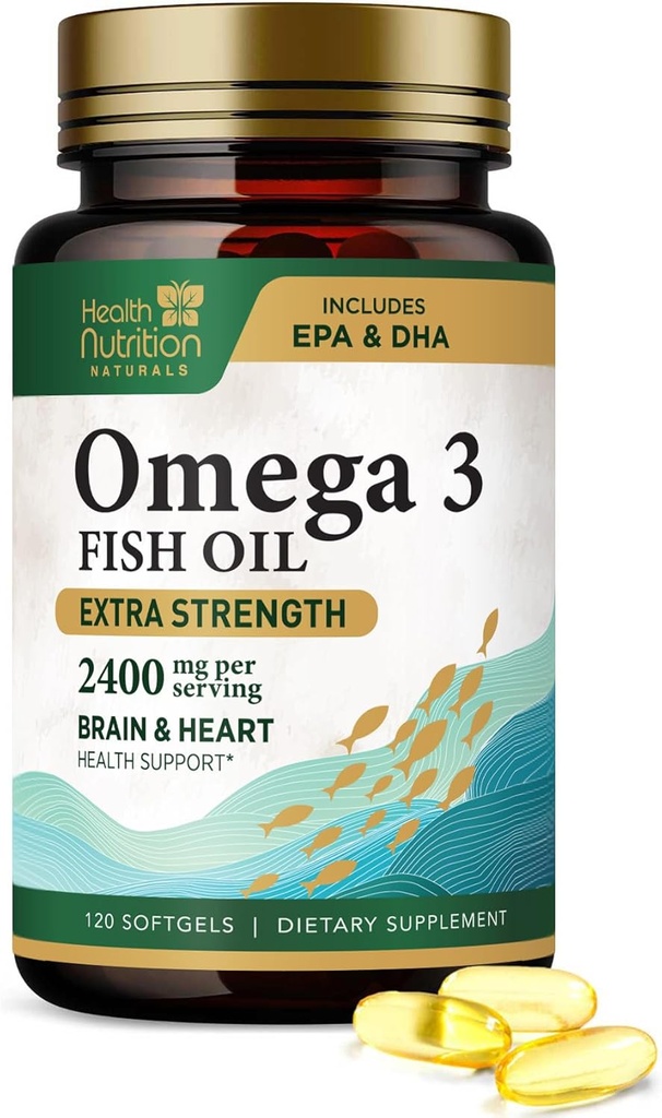 Omega 3 Fish Oil 2400 mg - Triple fuerza Omega-3 Suplementos - Natural Brain Heart Health &amp; Immune Support - Fatty Acids with EPA & DHA - Wild Caught Purified Fish Oil Suplemento - 120 Softgels