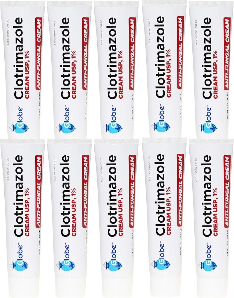 Globe Clotrimazole Antifungal Cream 1% USP, 1 oz (10 Pack), Anti Fungal Treatment, Relieves Itching, Burning, Cracking and Scaling Associated Athletes Foot, Jock Itch, Ringworm and More
