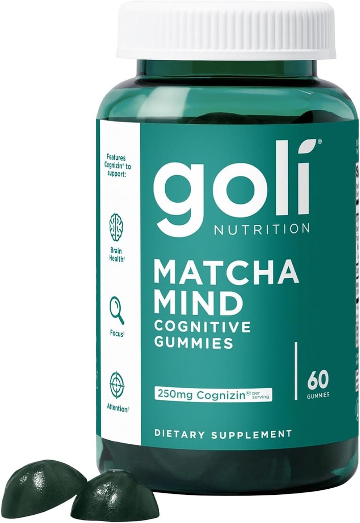 Goli Matcha Mind Gummies - 60 Count - Green Tea Leaves Powder with Cognizin for Focus, Attention and Brain Health, Vegan, Non-GMO, Gluten-Free & Gelatin Free.